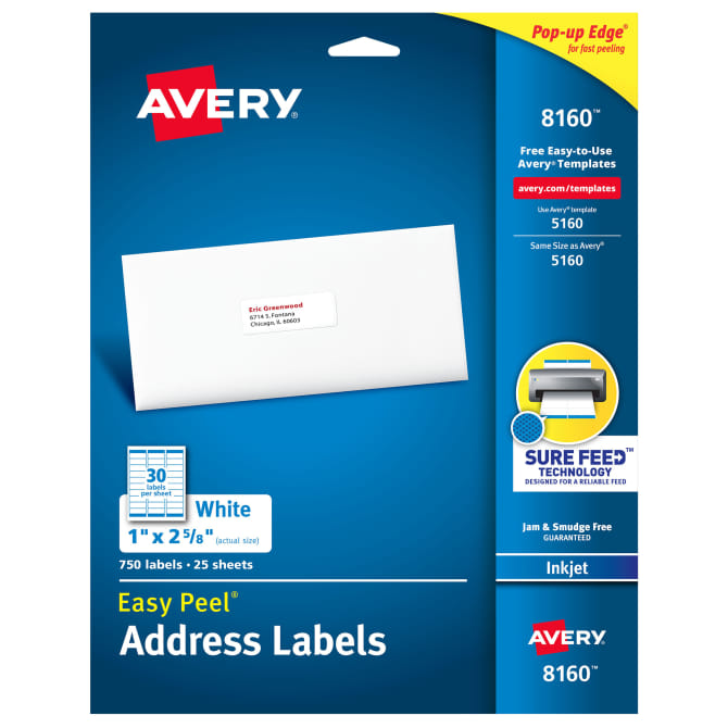 Avery Easy Peel Address Labels Inkjet (1" x 2 5/8") (White) (30 Labels/Sheet) (25 Sheets/Box)
