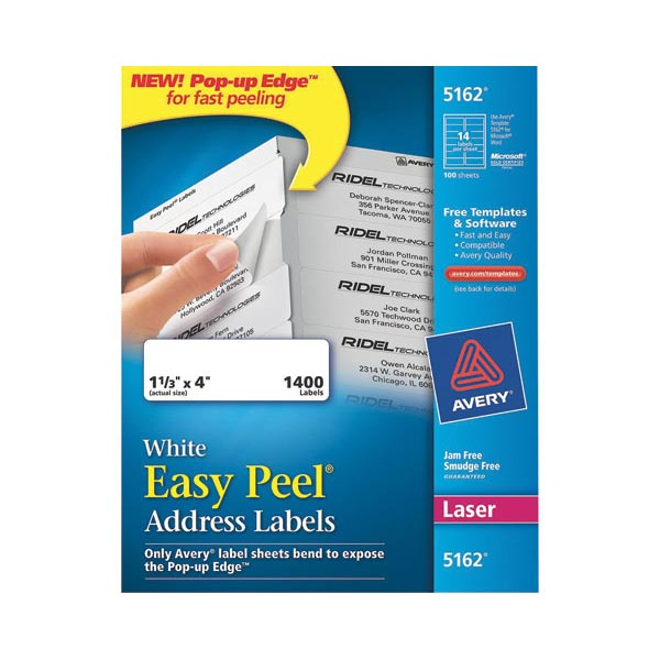 Avery Easy Peel White Address Labels for Laser Printers (1 1/3" x 4") (14 Labels/Sheet) (100 Sheets/Box)