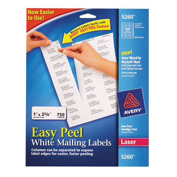 Avery Easy Peel White Address Labels for Laser Printers (1" x 2 5/8") (30 Labels/Sheet) (25 Sheets/Pkg)