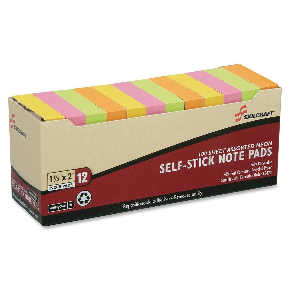 Skilcraft Self-Stick Note Pads, 1.5"x2, Neon Skilcraft Self-Stick Note Pads, 1.5"x2, Neon