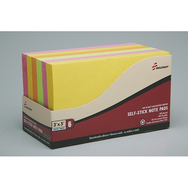 Skilcraft Self-Stick Neon Note Pads, 3x5in, 6PD/PK Skilcraft Self-Stick Neon Note Pads, 3x5in, 6PD/PK