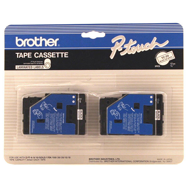 Brother P-Touch TC Tape Cartridges, 0.5" x 25.2 ft, Black on White, 2/PK Brother P-Touch TC Tape Cartridges, 0.5" x 25.2 ft, Black on White, 2/PK