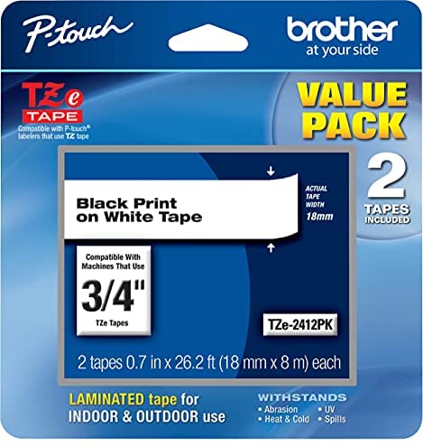 Brother 18mm (0.7") Black on White Laminated Tape (2 Pack of TZE241) For use in All TZ Mach. EXCEPT PT200/1000/1010/1090/1100/1130/1160/ 1170S/1180/1200/1280/1290 & D200 E100 H100 H200 &S T1150/1150DX GL100