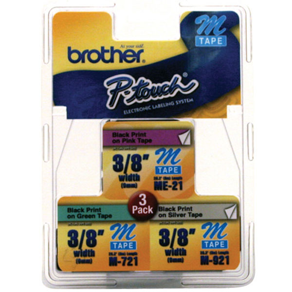 Brother 9mm (3/8") Black on Pink Black on Green Black on Silver Non-Laminated Tape 3-Pack (3 x 8m/26.2')