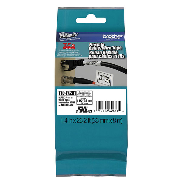 Brother 36mm (1 1/2") Black on White Flexible ID Super Adhesive Industrial Tape (8m/26.2') (1/Pkg) Brother 36mm (1 1/2") Black on White Flexible ID Super Adhesive Industrial Tape (8m/26.2') (1/Pkg)