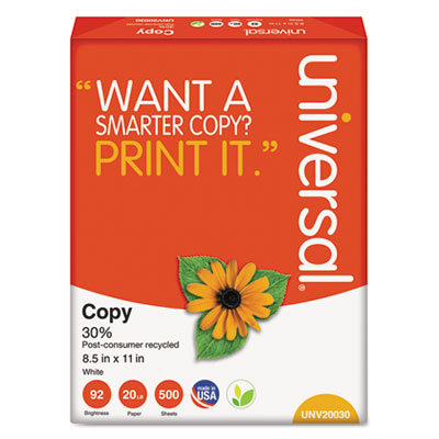 Universal 30% Recycled Copy Paper, 92 Bright, 8.5 x 11, White, 10 RM/CT