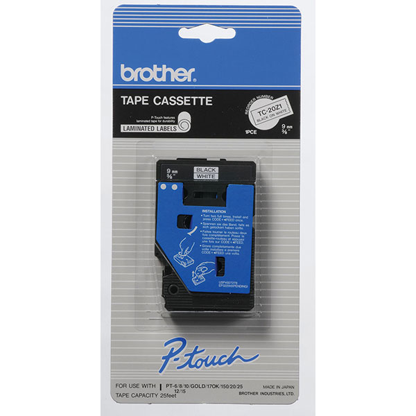 Brother 9mm (3/8") Black on White Laminated Tape (7.7m/25') (1/Pkg) Brother 9mm (3/8") Black on White Laminated Tape (7.7m/25') (1/Pkg)
