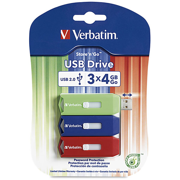 Verbatim 4GB Store 'n' Go USB Flash Drive - 3-Pack of Assorted Colors Verbatim 4GB Store 'n' Go USB Flash Drive - 3-Pack of Assorted Colors