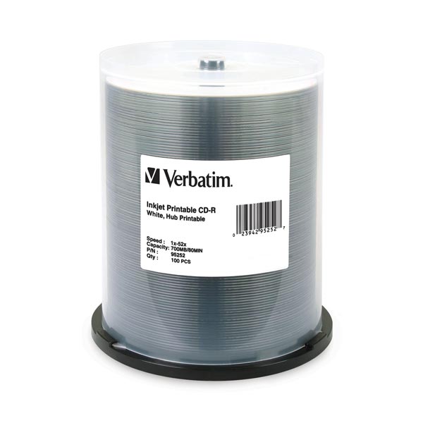 Verbatim CD-R 80 Minute (700 MB) (52x) Inkjet Printable White Hub Printable (Pk=100/Spindle) Verbatim CD-R 80 Minute (700 MB) (52x) Inkjet Printable White Hub Printable (Pk=100/Spindle)