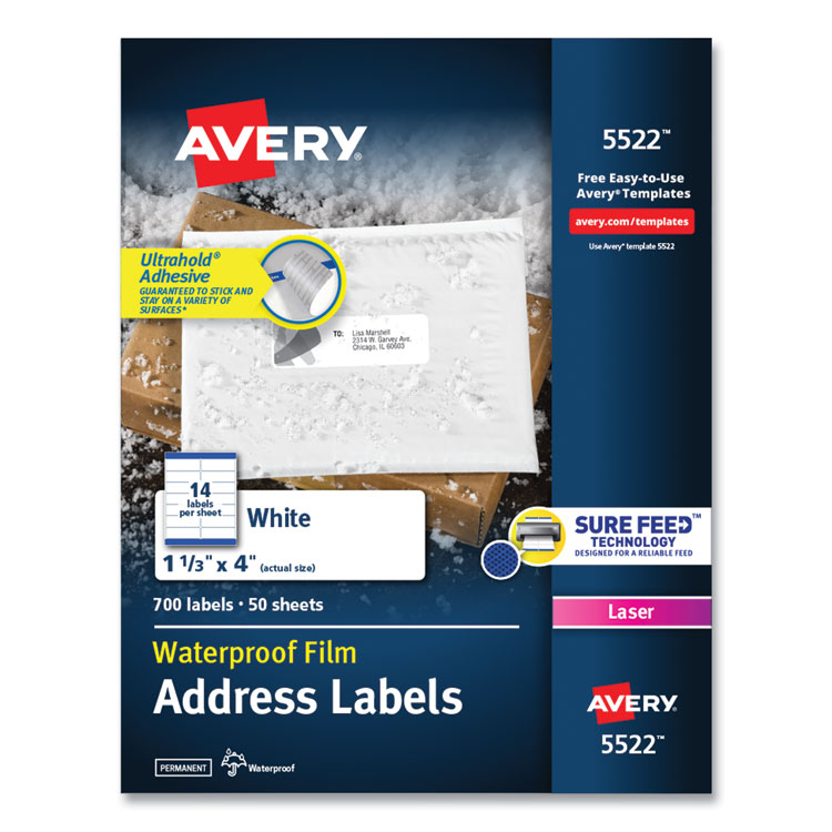 Avery Waterproof Address Labels, Laser, 1.33 x 4, White, 700/PK