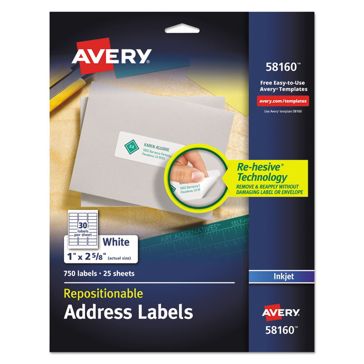 Avery Repositionable Address Labels, Inkjet/Laser, 1 x 2.63, White, 750/BX Avery Repositionable Address Labels, Inkjet/Laser, 1 x 2.63, White, 750/BX