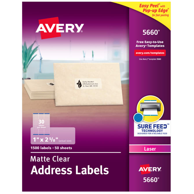 Avery Easy Peel Clear Address Labels for Laser Printers (1" x 2 5/8") (30 Labels/Sheet) (50 Sheets/Box)