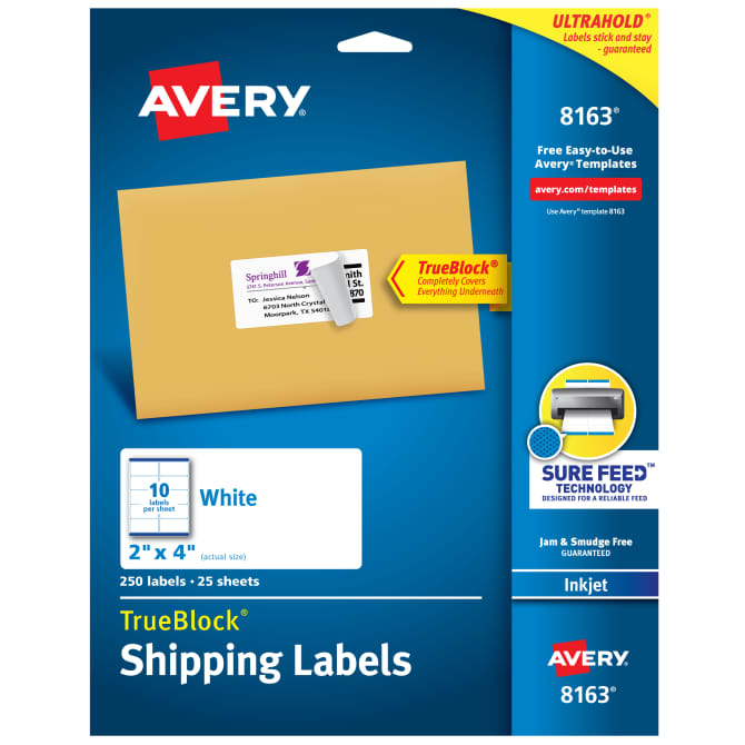 Avery Shipping Labels W/TrueBlock Technology Inkjet (2" x 4") (White) (10 Labels/Sheet) (25 Sheets/Pkg)
