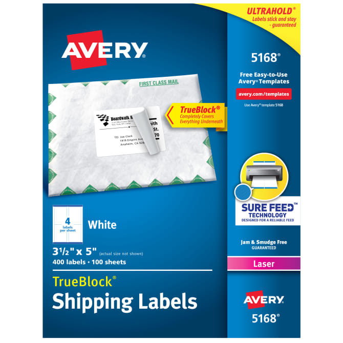 Avery Shipping Labels W/TrueBlock Technology for Laser Printers (White) (3 1/2" x 5") (4 Labels/Sheet) (100 Sheets/Box)