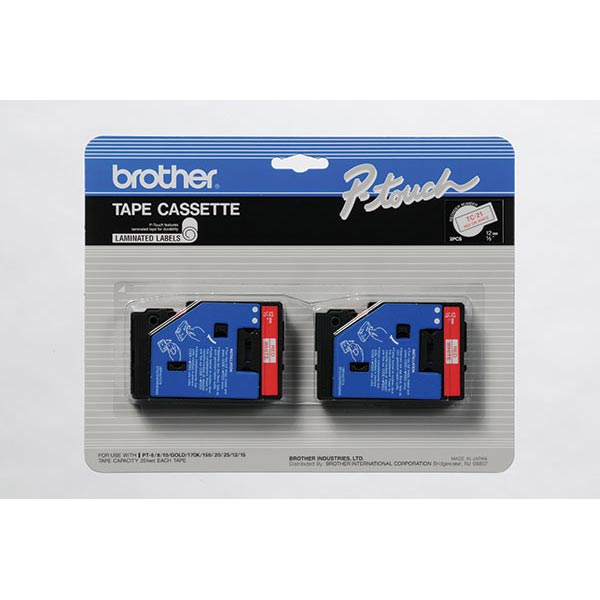 Brother 12mm (1/2") Red on White Laminated Tape (7.7m/25') (2/Pkg)